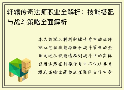 轩辕传奇法师职业全解析：技能搭配与战斗策略全面解析